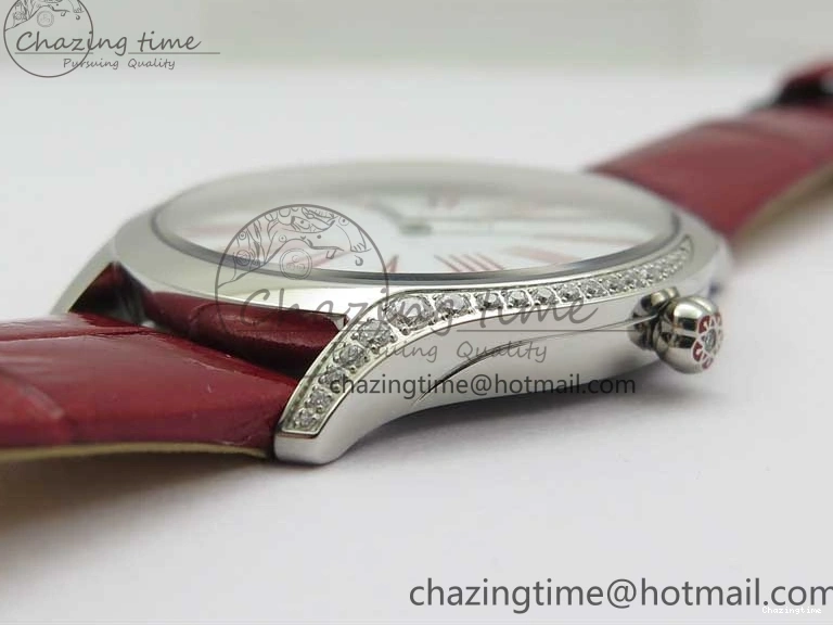 0402 Ladies’ De Ville Trésor Diamond SS 3AF 1:1 Best Edition White Dial On Red Leather Strap Swiss Quartz Snug 7885